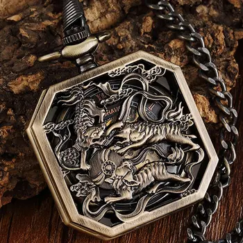 

Chinese Animal Beast Hollow Vintage Mehanical Pocket Watch For Men Women Skeleton Square Engraved Fob Hand Watch Necklace Chain
