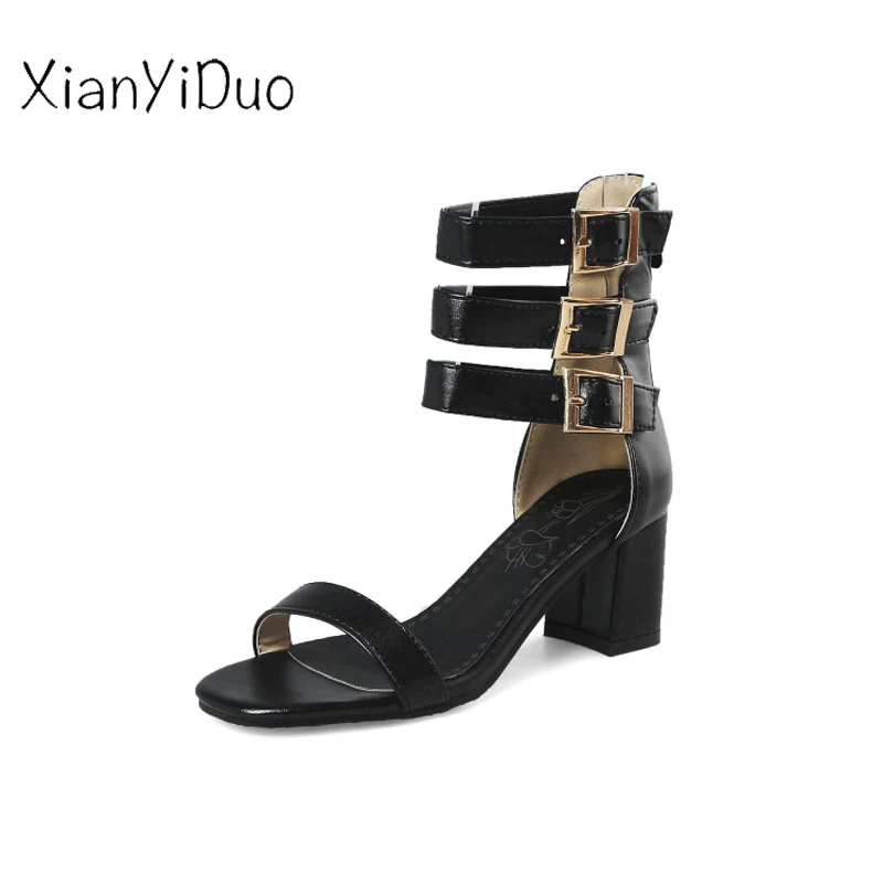

Xianyiduo Casual 2018 Summer Women's open toe high Heels Cover Heel shoes pointed zipper sandals plus Size33-48 blue red /Q71