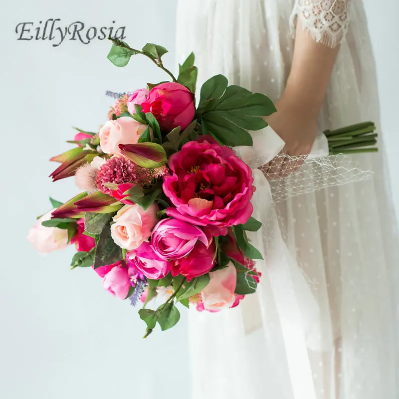 Свадебный букет с розовыми розами Kwiaty фуксия пион невесты Blumen buque de casamento