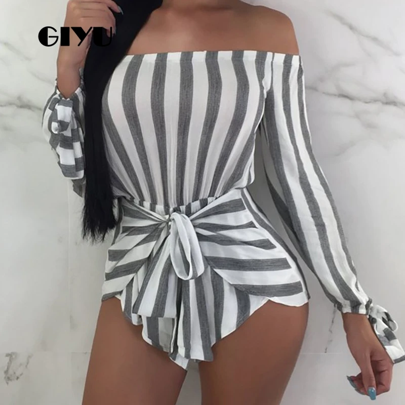 

GIYU Summer Striped Printing Bodysuits Women Patchwork Skinny Slash Neck Overalls Sexy Backless Tie Up Romper 2019