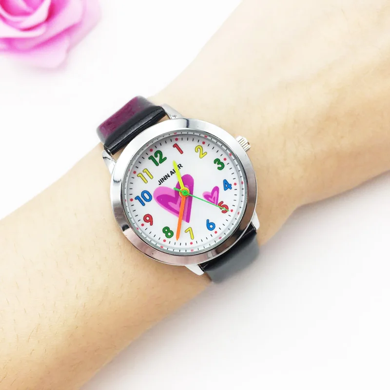 wholesale drop shipping womens wrist watches vogue leather strap colorful heart dial very cute wristwatches for kids children students clock hours best gifts (38)