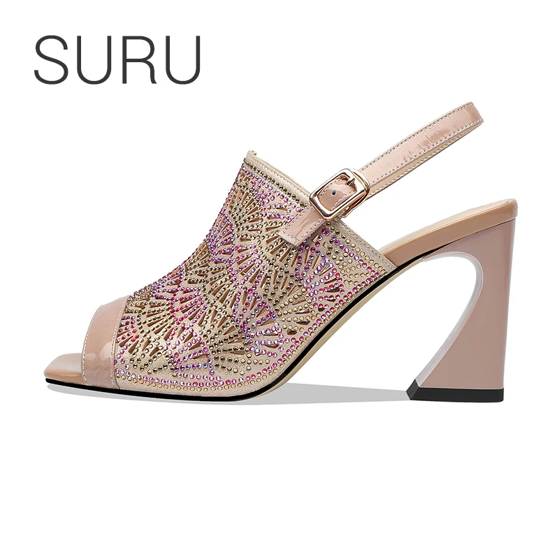 

SURU Rhinestone Embrioidered 8.5cm High Heels Slingbacks Women Summer Sandals