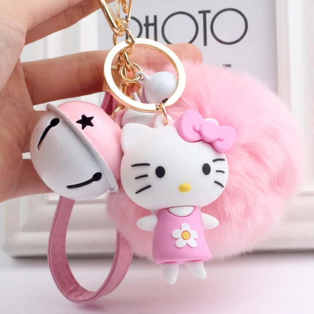 Hello kitty fur pompom bell keychain super cute cat KT keychains