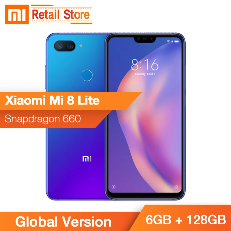 

Global Version Xiaomi Mi 8 Lite 6GB 128GB Snapdragon 660 Octa Core 6.26'' 2280*1080P Full Screen Cellphone Dual AI Camera 24MP