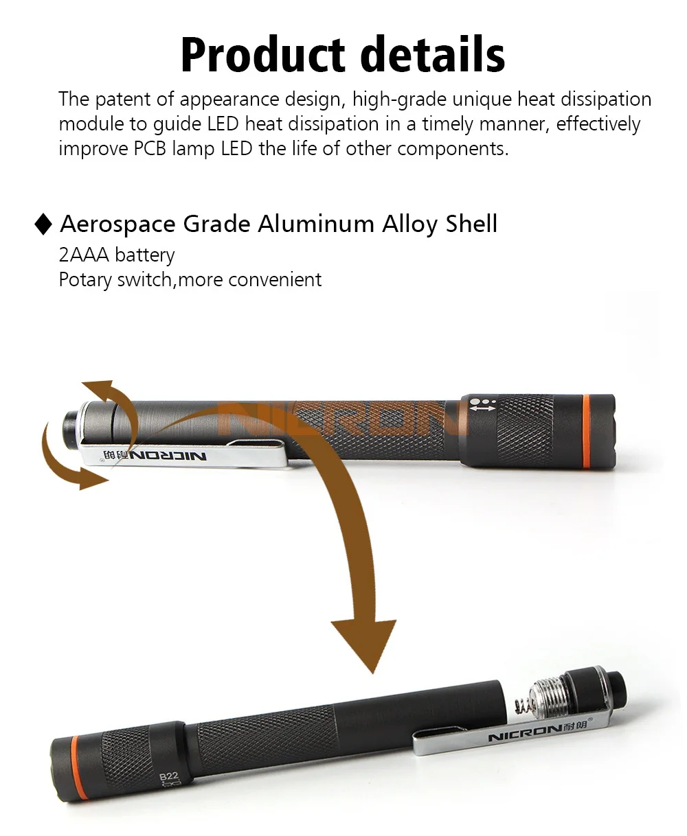 NICRON мини ручка Стиль фонарик 120LM 61 м 1 Вт 2X AAA батарея 900cd водонепроницаемый IP65 Алюминиевый домашний Micro Lighting Фонарь Лампа B22
