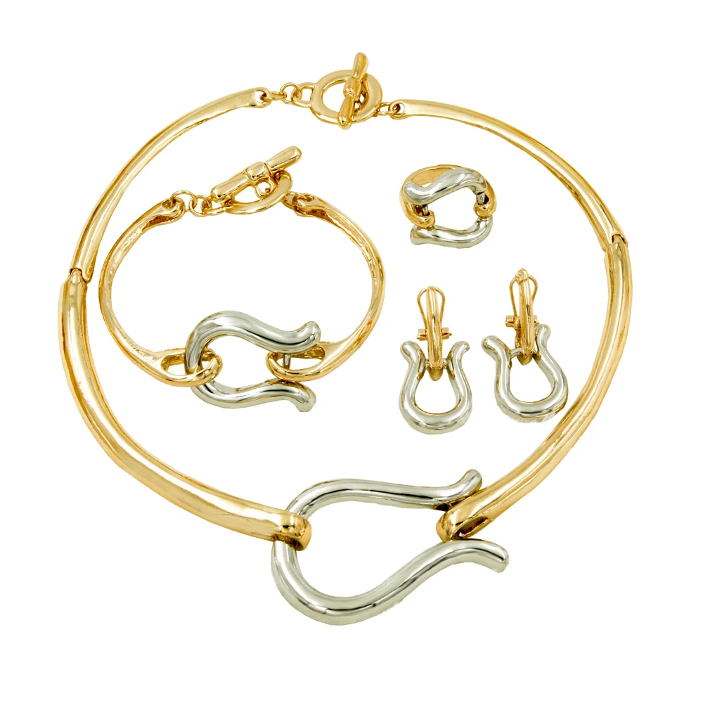 

Liffly African Jewelry Sets U Shaped Choker Necklace Charm Bracelet Dangle Earrings Ring for Women Fashion Dubai Gold Design