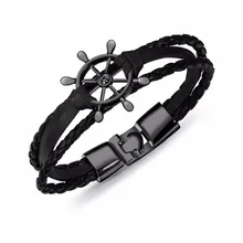 

Vintage/Retro PU Leather Charm Male Men Rudder Sailor Charm Bracelet & Bangles Black Brown Stainless Steel Handmade Chain 1257