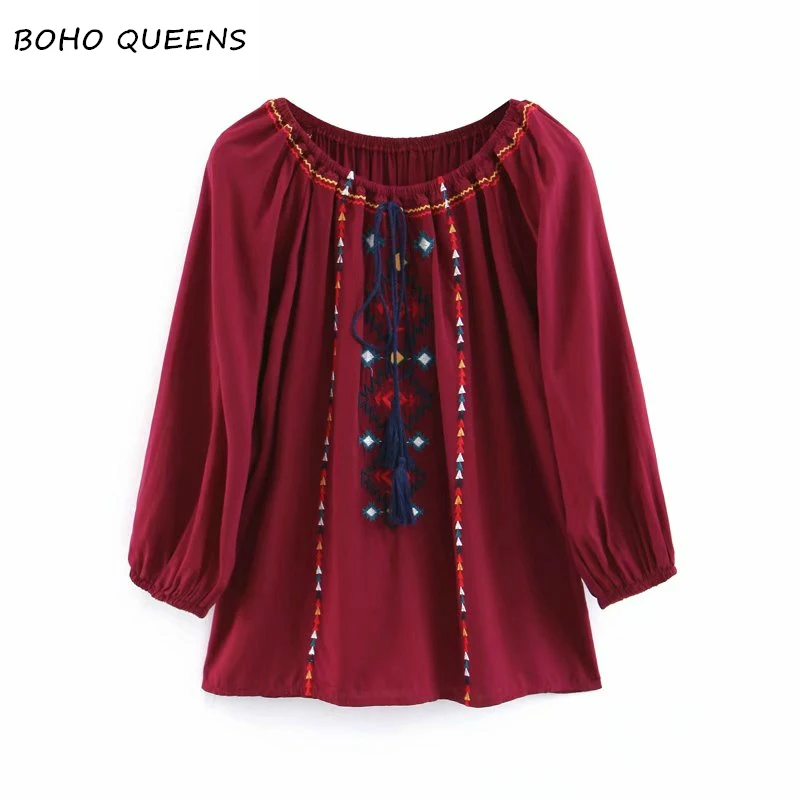 

Vintage chic women bohemian floral embroidery o-neck lace-up cotton Boho shirts ladies long sleeve shirts blusas