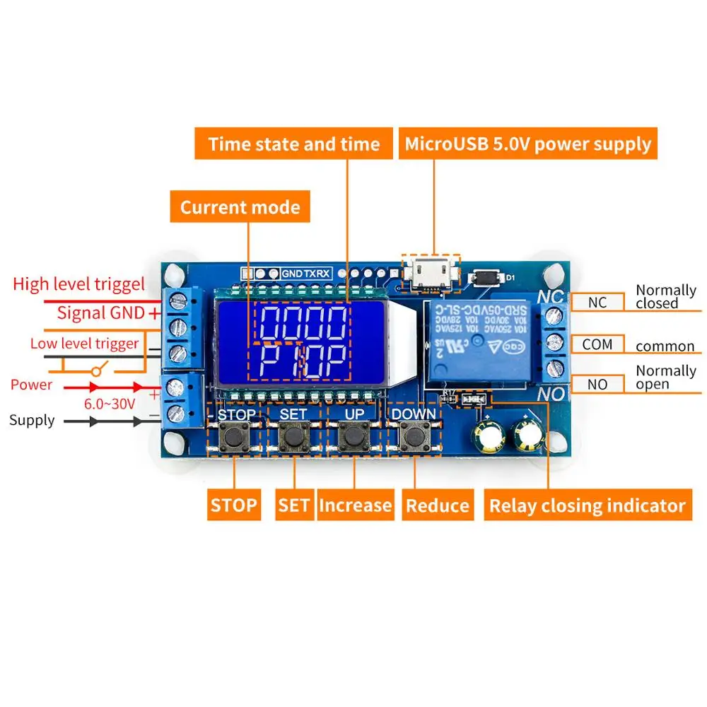 6-30 в микро USB цифровой ЖК-дисплей реле задержки времени модуль управления таймер переключатель цикл запуска модуль