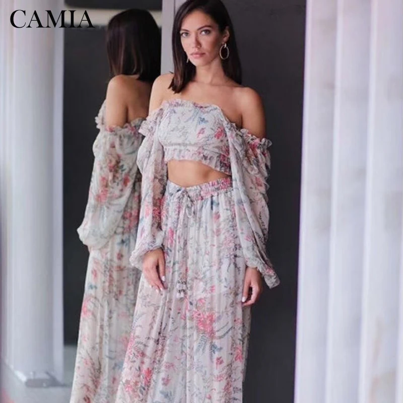 

CAMIA Summer New Casual Print Two-piece Set Stretched Tube Top Lantern Sleeve Short Top with High Waist Strap Wide Leg Pants Set