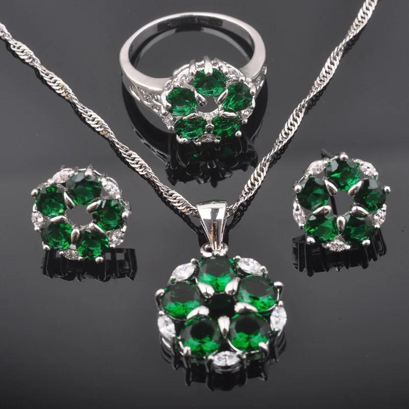 

Wedding Jewelry Green Zirconia Flower Design For Women 925 Sterling Silver Jewelry Sets Necklace Pendant Earrings Ring QZ0382