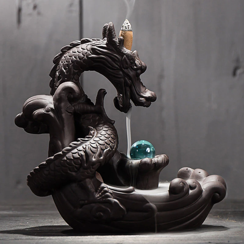 

Ceramic Backflow Incense Burner Creative Home Decor Dragon Incense Holder Censer With Crystal Ball + 20Pcs Incense Cones