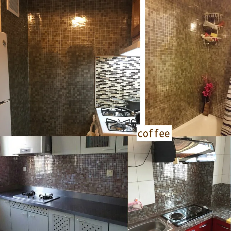 1M/roll coffee silver Vinyl Tile Mosaic Wallpaper PVC Self Adhesive Kitchen Oil proof Waterproof Wall Stickers Home Bath Decor