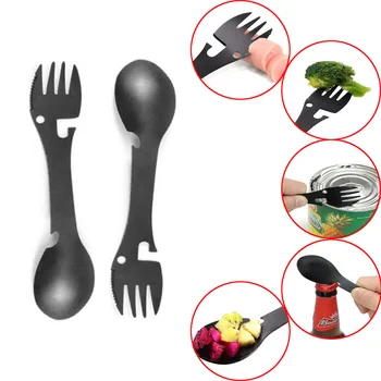 

Outdoor multi-purpose tableware EDC 5 in 1 portable stainless steel camping tableware bottle opener camping survival travel kit
