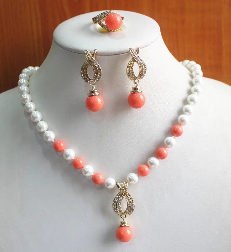 

HOT SELL - engagement! Wholesale Women's 8mm white and pink pearl Necklace earring ring(7/8/9) jewelry set #242 -Top quality fre