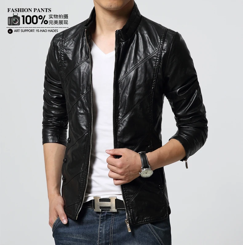 Autumn and winter new men's stand collar slim leather, Europe and America large size fashion PU leather solid color jacket leather field jacket