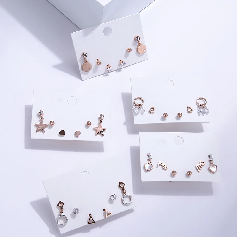 

Yhpup New Trendy Stainless Steel Rose Gold Stud Earrings Classic CZ Rhinestone Tiny Charm Jewelry for Women Office Brincos Gift