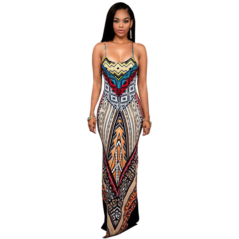 Buy Cheap 2016 Robe Sexy Long Dresses Sleeveless Backless Two Front Splits Spaghetti Strap Slit Design Printed Maxi Summer Women Dress