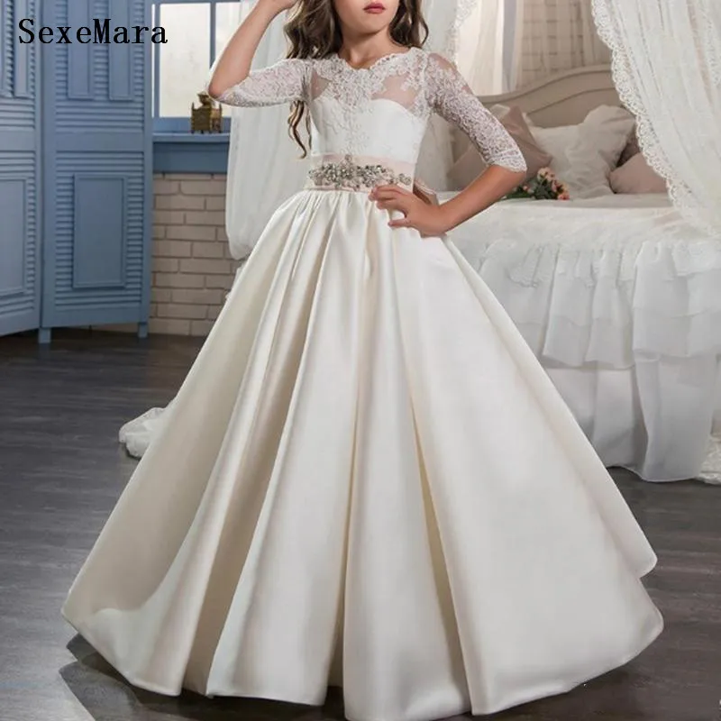 Ivory White First Communion Dress for Girls Half Sleeves Lace Open Back Satin Flower With Bow | Свадьбы и торжества