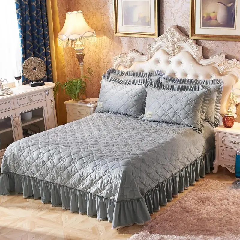 Navy Blue Soft Warm Fleece Quilted Bedspread Coverlet Quilt King Queen size Ruffled Bedspread Bed Cover Pillow shams - Цвет: Color 8