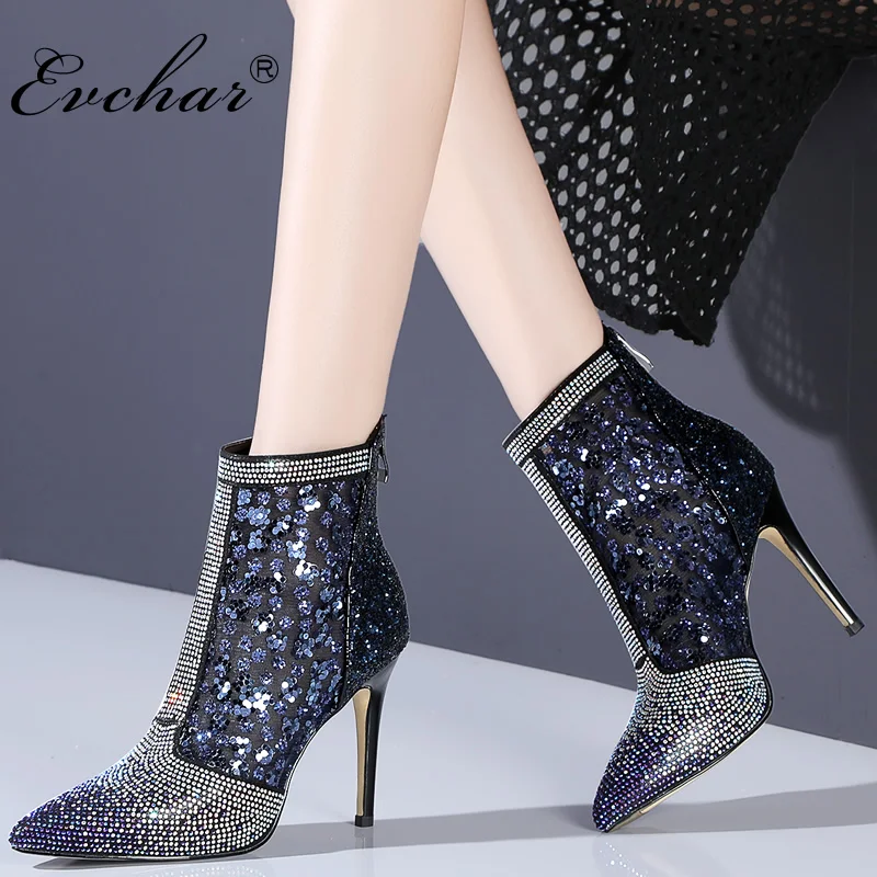 

EVCHAR spring Autumn Women Ankle elegant shoes Lace Mesh bling Crystals thin super High Heel Sexy party back zipper Boots 33-40