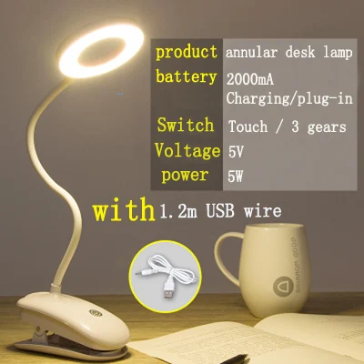 

annular rechargeble light 18650 LED Touch On/off Switch 3 Modes Clip Desk Lamp Eye Protection Reading Dimmer USB Led Table Lamps