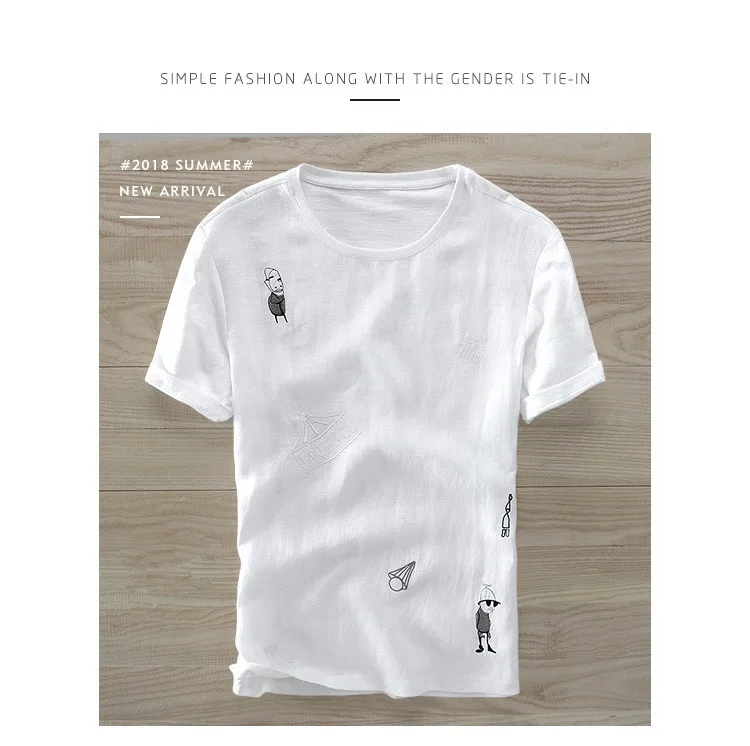 Новая Белая Льняная мужская футболка с мультяшной вышивкой и коротким рукавом, летняя мужская футболка с круглым вырезом, Повседневная модная мужская Футболка camisa