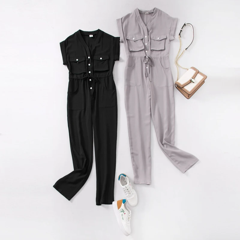 

Women Cotton Jumpsuit Romper Short Sleeve Belt Grey Black 2019 New Summer Lady V Neck Jumpsuit Sexy Female Streetwear Overalls