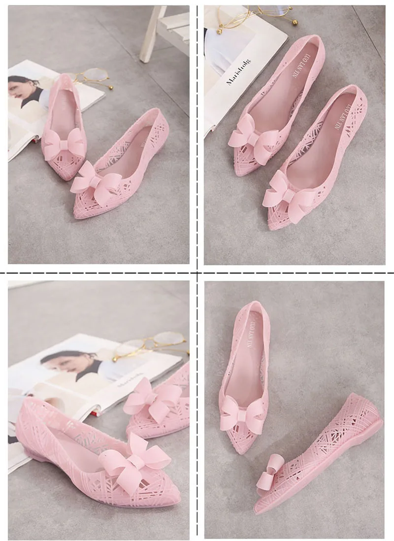 New Women Jelly Shoes Summer Comfortable Flat Beach Sandals  Sweet Bow Quick Dry Hollow Out Waterproof Rain PVC Lady Sandal Shoe (8)
