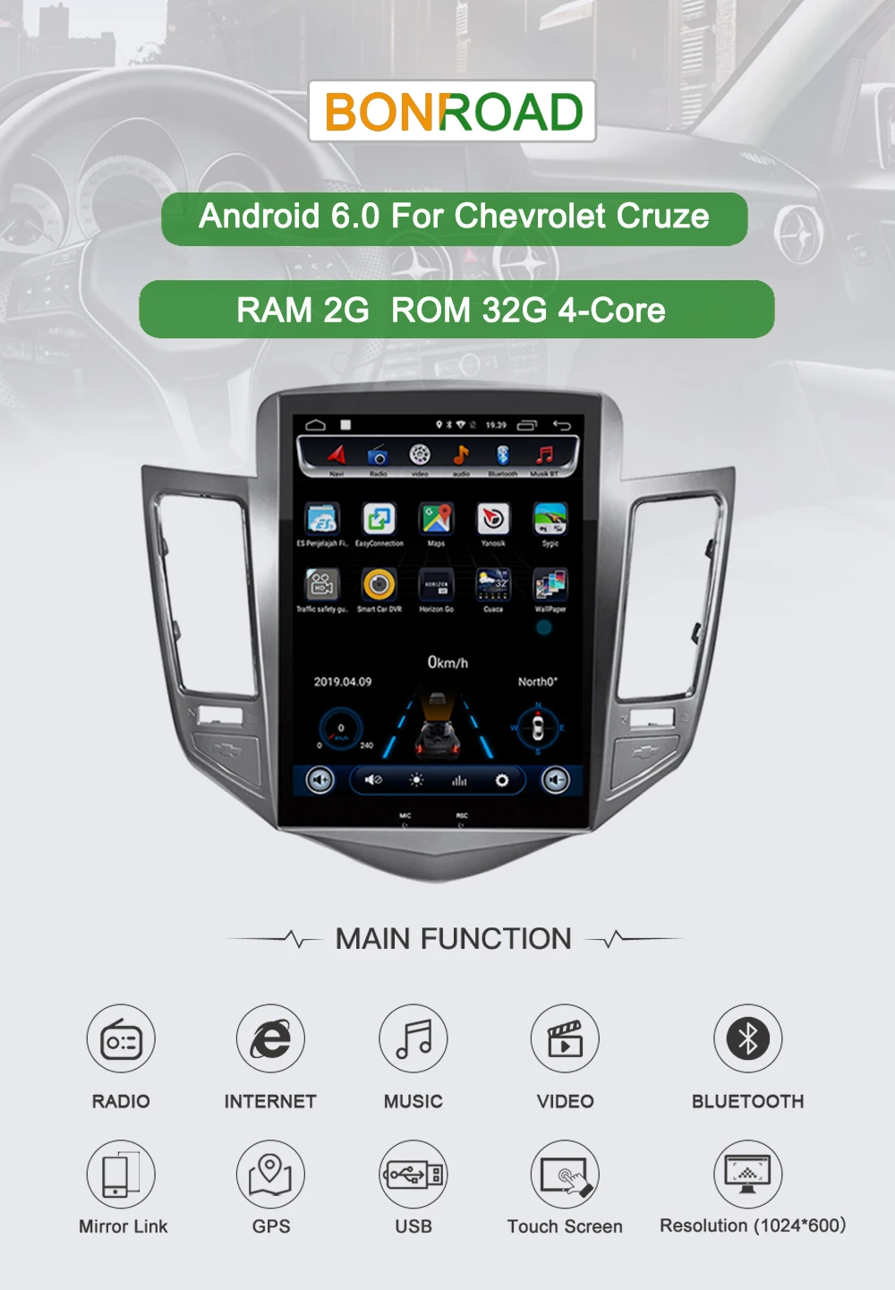 Best Bonroad Android 6.0 Vertical screen Car Multimedia Player For Chevrolet Cruze 2009-2015  Radio Player Navigation Audio Player 0