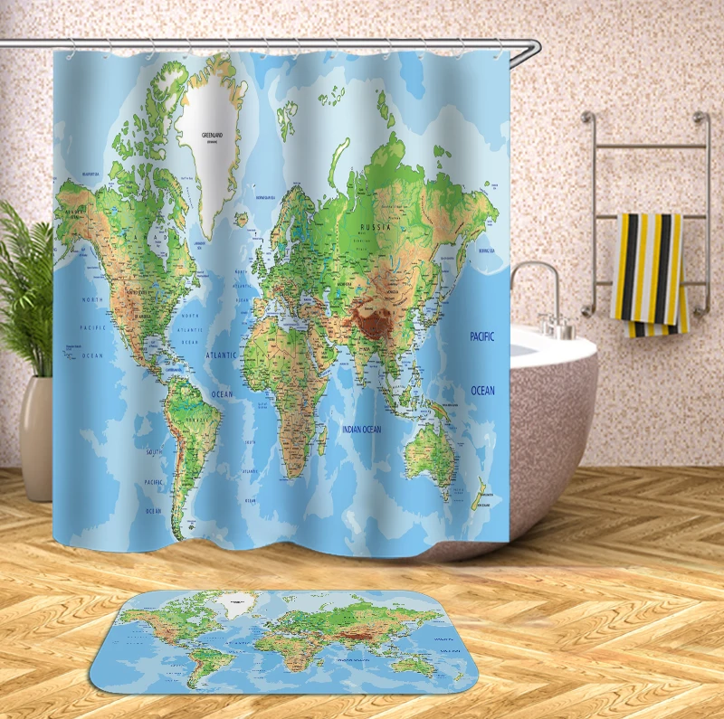 

World Map Shower Curtain for Educational Geographical Earth at Home Decor Waterproof Fabric Polyester Bathroom Shower Curtains