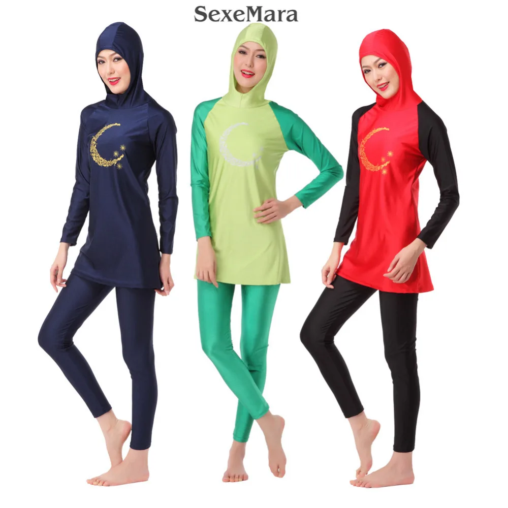 Красный скромный мусульманский Мусульманский купальник женский лоскутный купальник дамы ислам полное покрытие пляжная одежда длинный рукав плюс размер