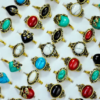 

10Pcs Mixed Vintage Turquoises Rhinestone Ancient Gold Women Rings female anel Jewelry Top quality Free Shipping LR4054