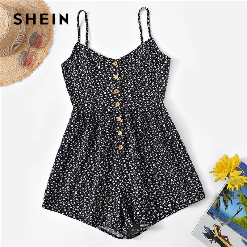 Prix SHEIN Ditsy Floral bouton avant Cami barboteuse femmes vêtements 2019 Boho bouton sans manches Spaghetti sangle d été combinaison