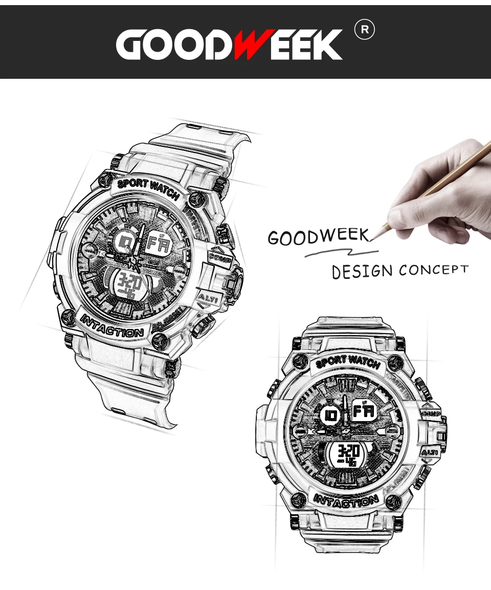 GOODWEEK Luxury Men Sport Watch Waterproof Digital Quartz Watches Men's Multi-functional Dual Display Watches Relogio Masculino