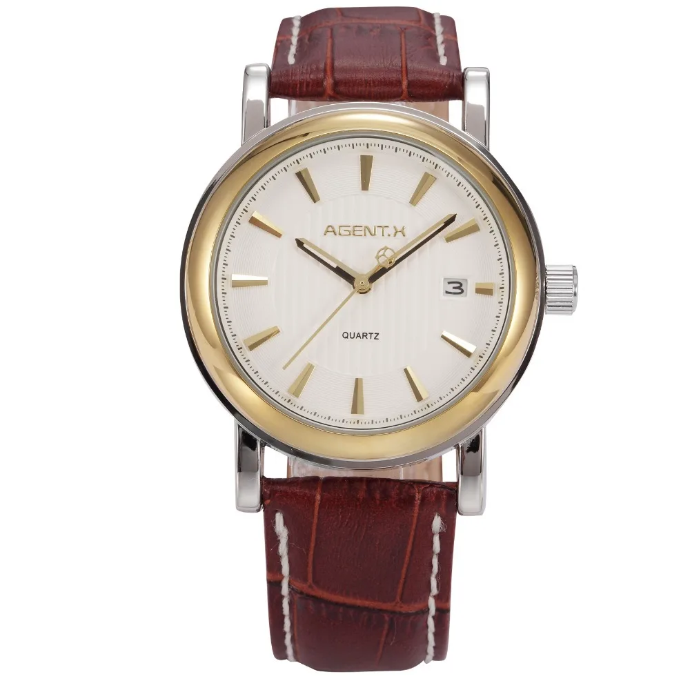 

AGENTX Brand Day White Dial Gold Stainless Steel Case Leather Strap Male Clock Quartz Wristwatch Men Dress Quartz Watch / AGX022