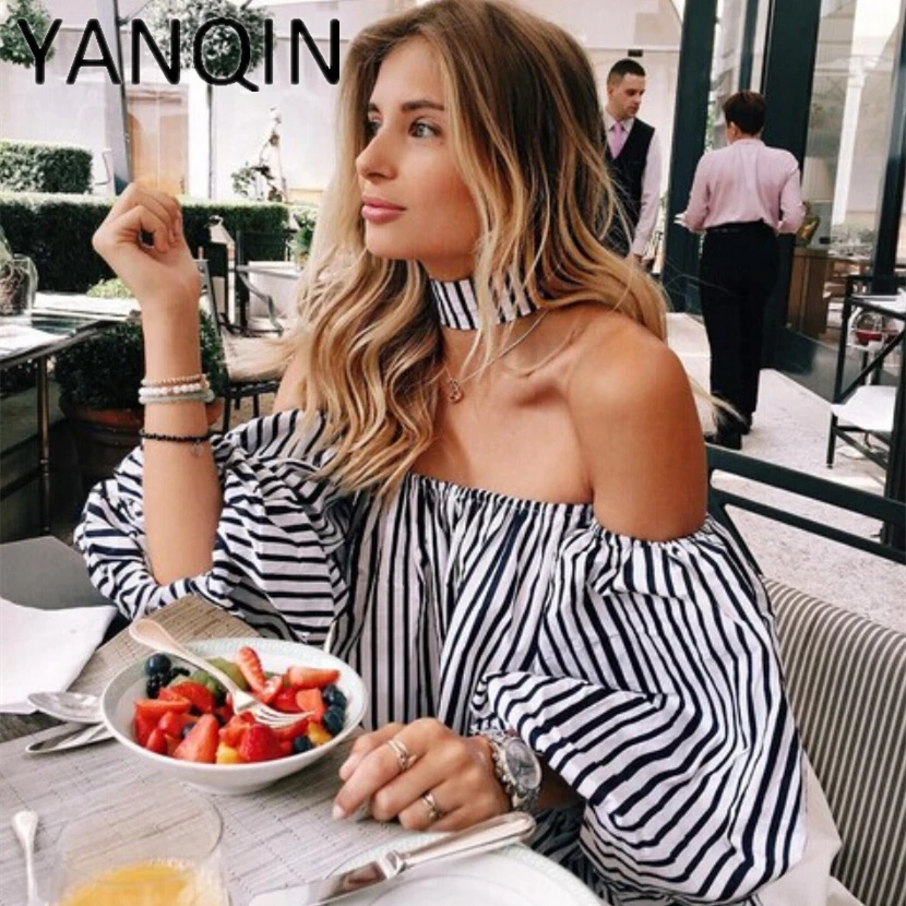 

2019 Spring Elegant Floral Tops Plain Blue Off the Shoulder Elegant Sexy Shirts Women Tops Summer Blouse with Choker Y117