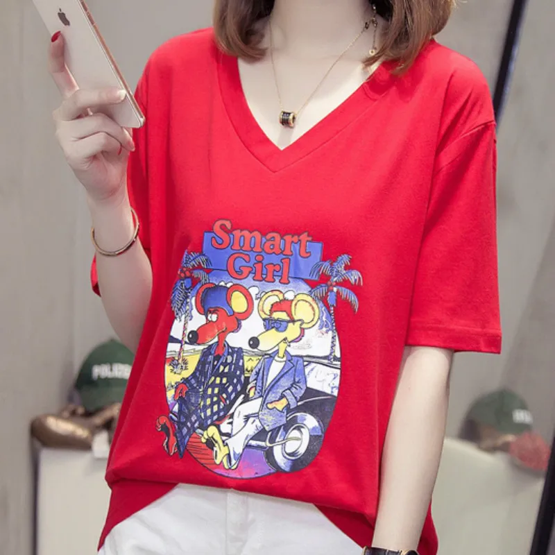 

Plus size t shirt women spring summer short-sleeved V-neck fat sister was thin half-sleeved tshirt belly bottom shirt t-shirt