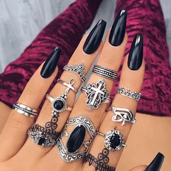 

11 Pcs/Set Vintage Midi Ring Sets Cross Peach Heart Crown Ancient Silver Color Ring Set Lady Charm Jewelry Finger Ring Gifts