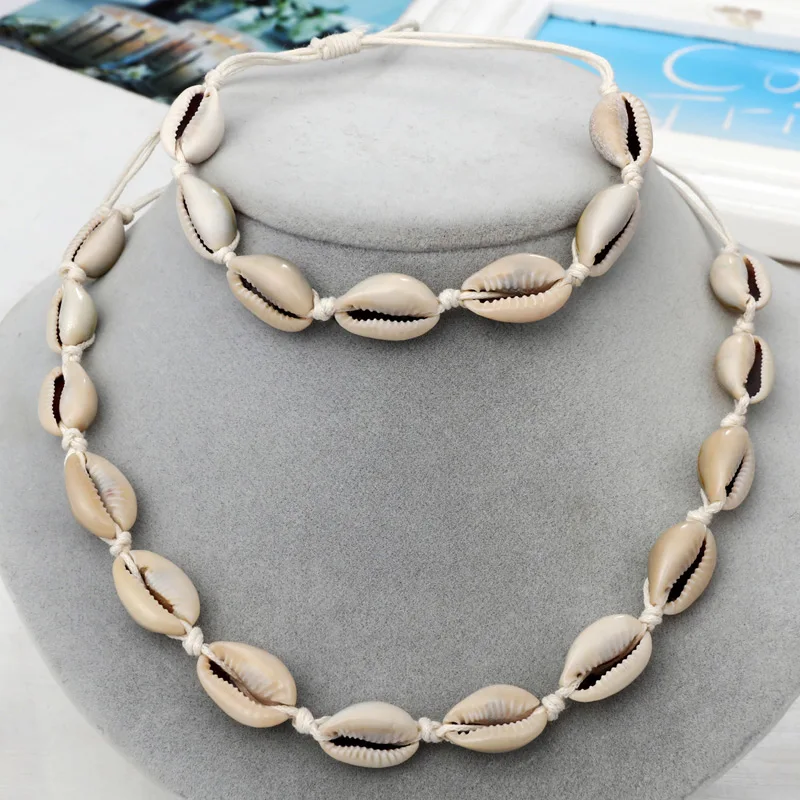 

Summer Beach Bohemian Sea Shell Jewelry Sets Short Choker Necklaces Collar Shell Charm Bracelets Necklace Sets for Women