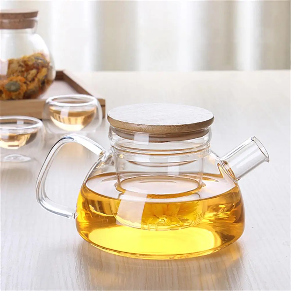 Термостойкий стеклянный чайник с бамбуковой крышкой фильтр чайник с внутренним вкладышем Стильный цветочный чайник
