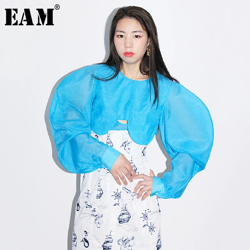 

[EAM] 2019 New Autumn Winter Round Neck Long Sleeve Three-dimensional Perspcective Loose Shirt Women Blouse Fashion Tide JR257