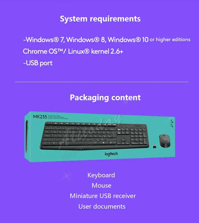 Беспроводная клавиатура-Мышь logitech MK235, комбинированная английская клавиатура для ноутбука, оптическая эргономика, офисная, бытовая