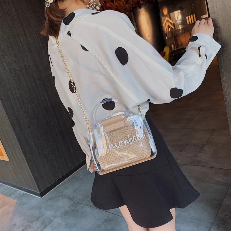 

2019 New Transparent Jelly Small Bag Female Woven Portable Beach Bag Letter Printing Shoulder Messenger Bag Clear Purse