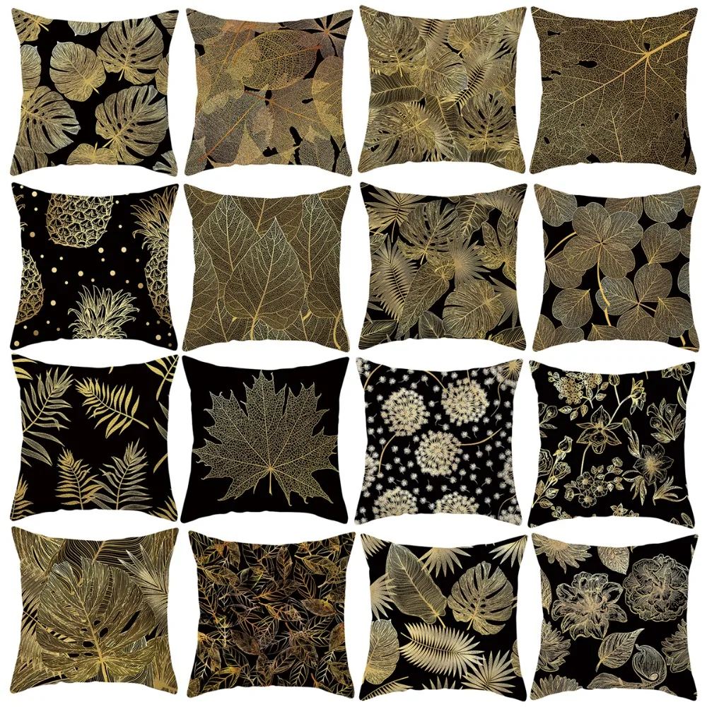 

FENGRISE Gold Black Tropical Plant Cushion Cover Polyester Throw Pillow Case Decor For Home Sofa Decorative Cushion Pillowcase
