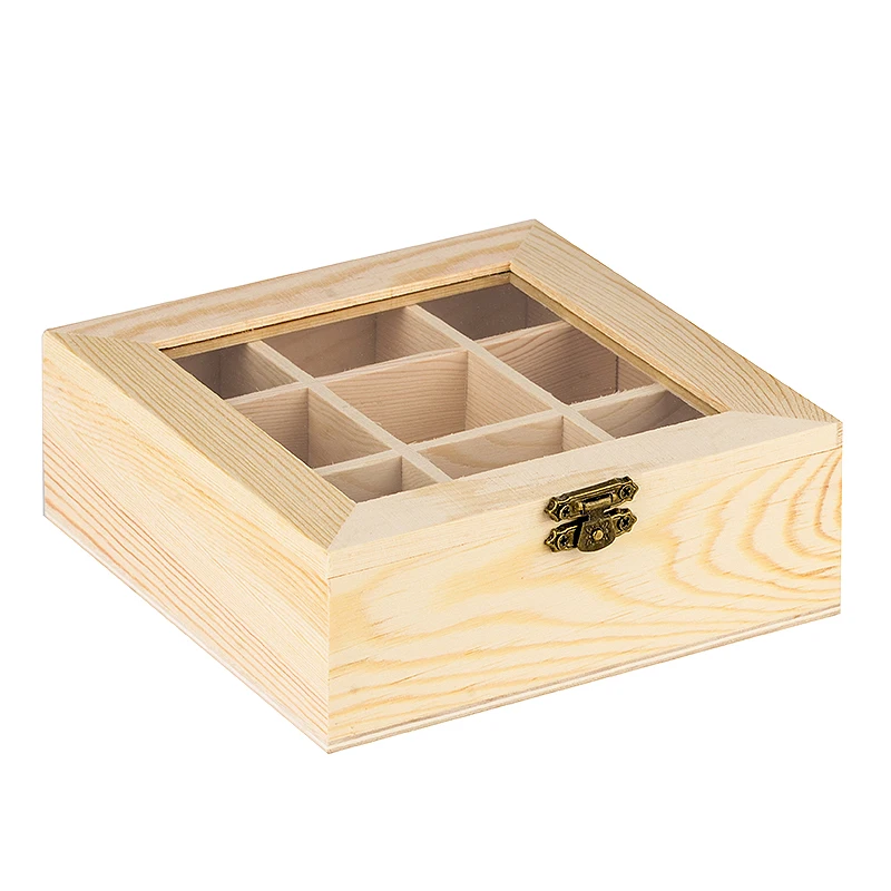 9 Compartments Vintage Wooden Jewelry Box Glass Top Storage Container Gift