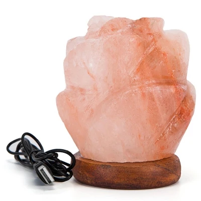 

3W 5V Flower Shape Hand Carved USB Wooden Base Himalayan Crystal Rock Salt Lamp Night Light 1PCS