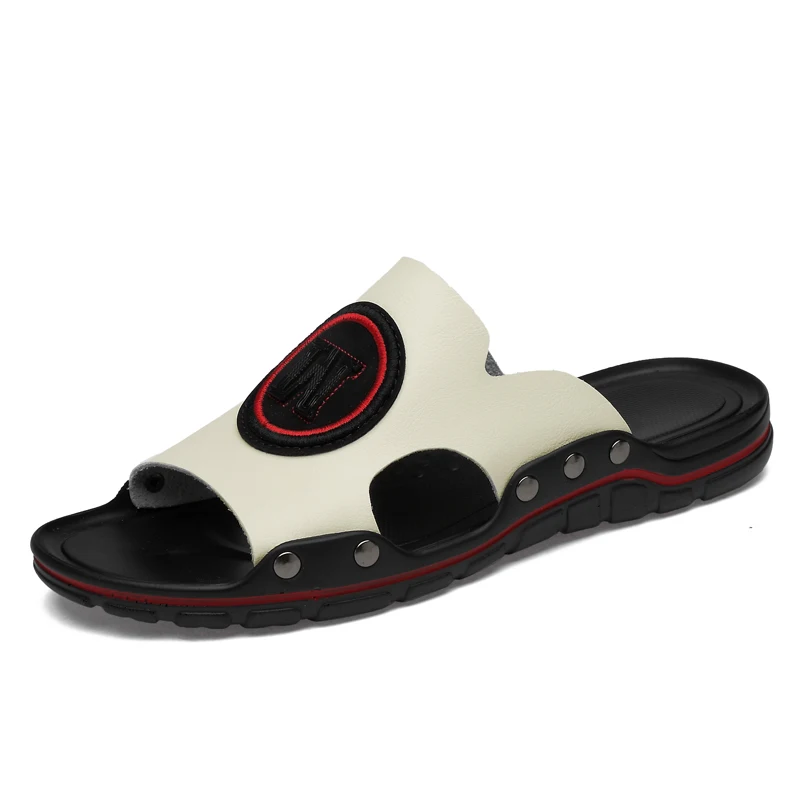 

Men 2019 new Summer Flip Flops Cow Leather Slippers Male Outdoor Beach Sandals Plus Size