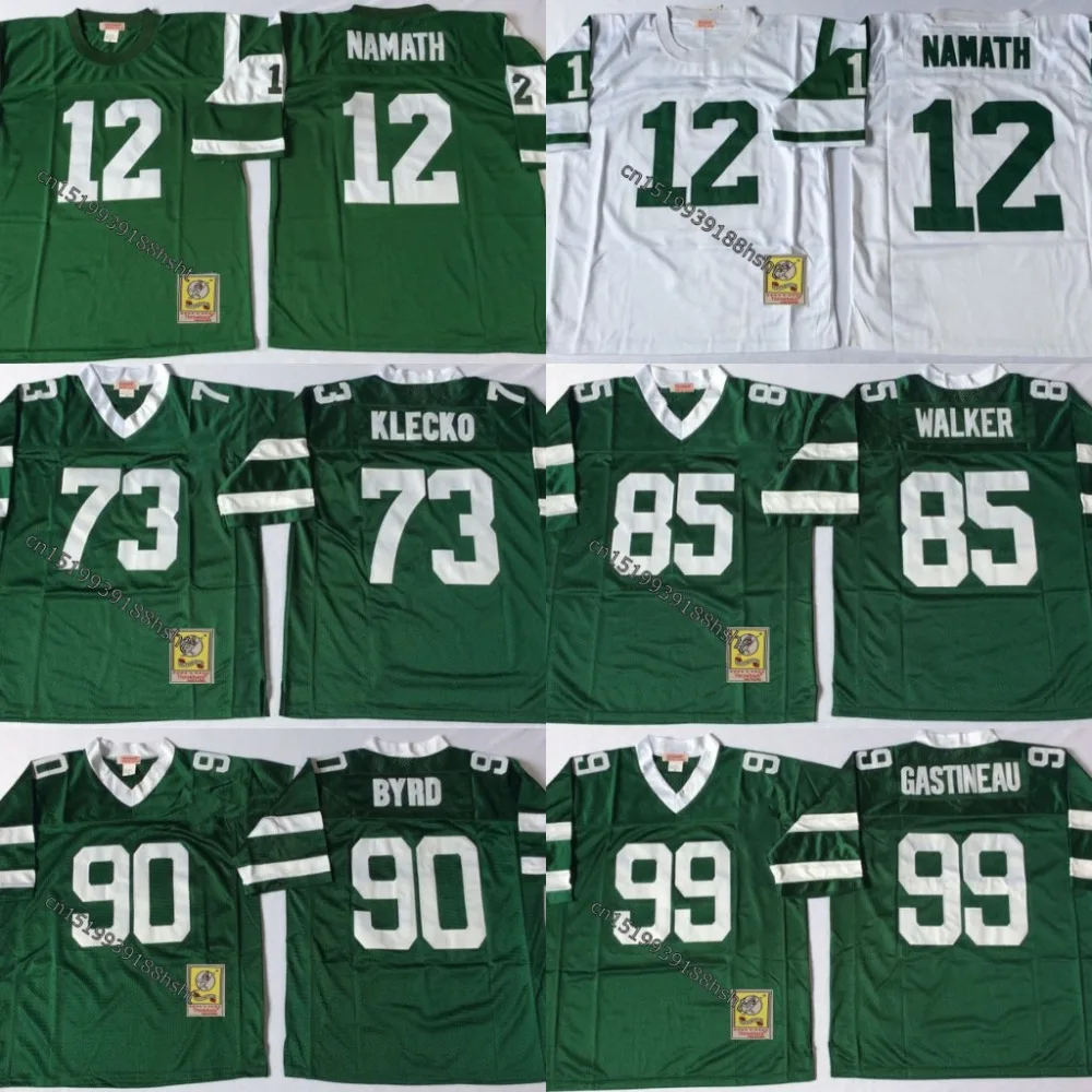 

Mens #12 Namath #73 Klecko #85 Walker #90 Byrd #99 Gastineau Throwback Football Jersey Stitched Name and Number 48-60