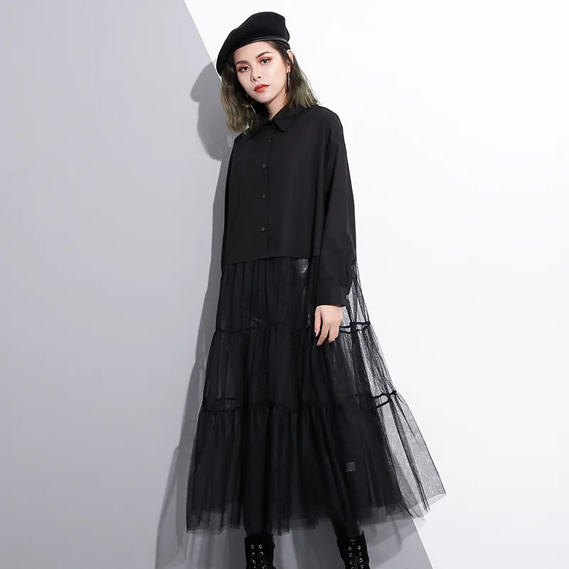 

Johnature Fashion New Turn-down Collar Long Sleeve Patchwork Mesh A-Line Dresses 2019 Spring Summer Streetwear Loose Dress 2019